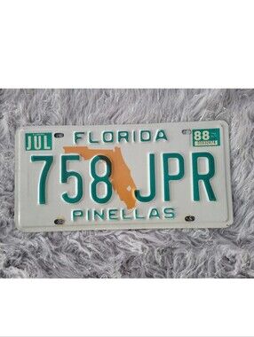 Vintage Florida License Plate 758 JPR Pinellas County Metal Tag OEM FL 1988 July